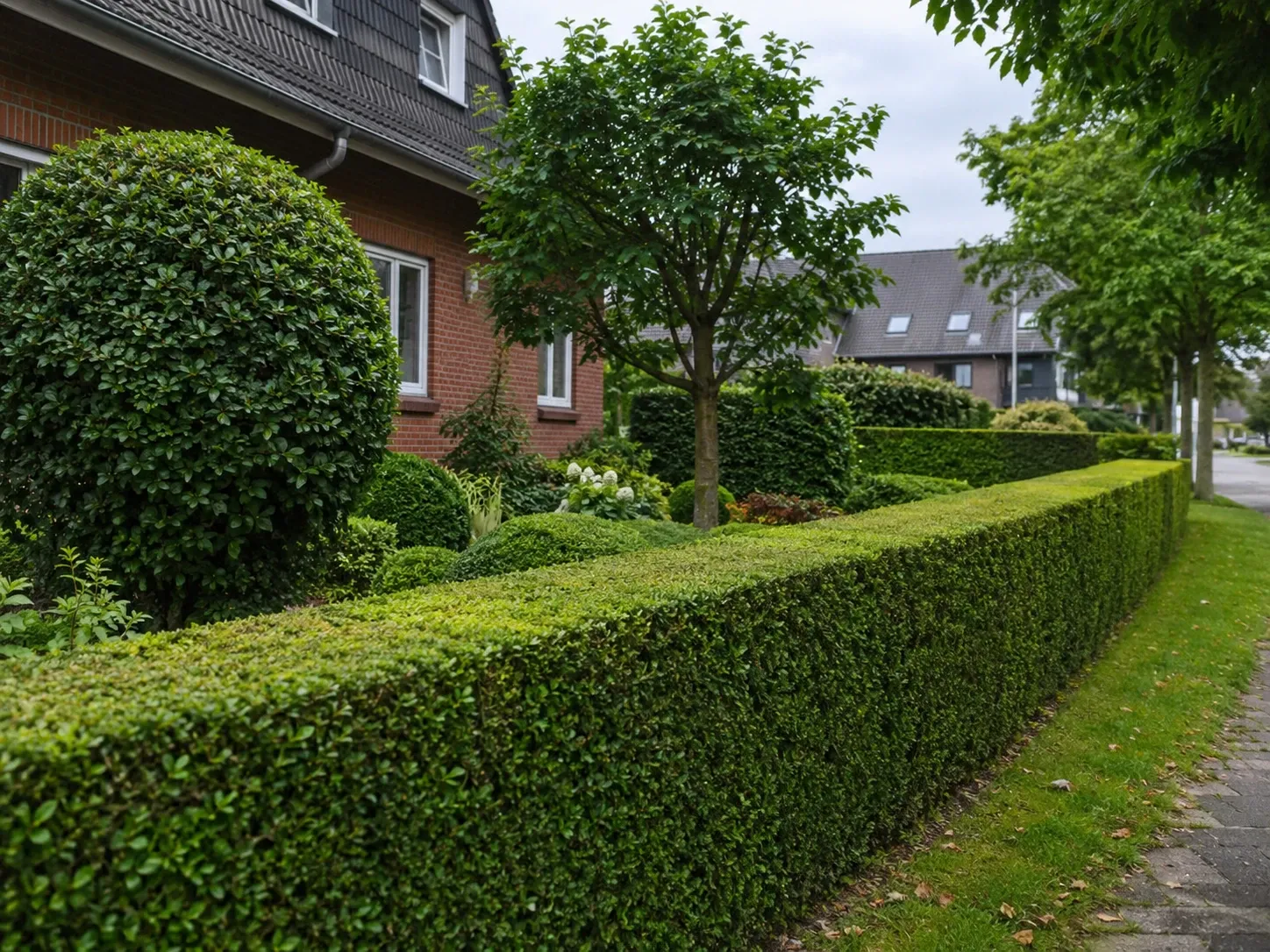 Sauber in Form geschnittene Ligusterhecke und Kugelbuchs an einem Vorgarten im Hamburger Norden