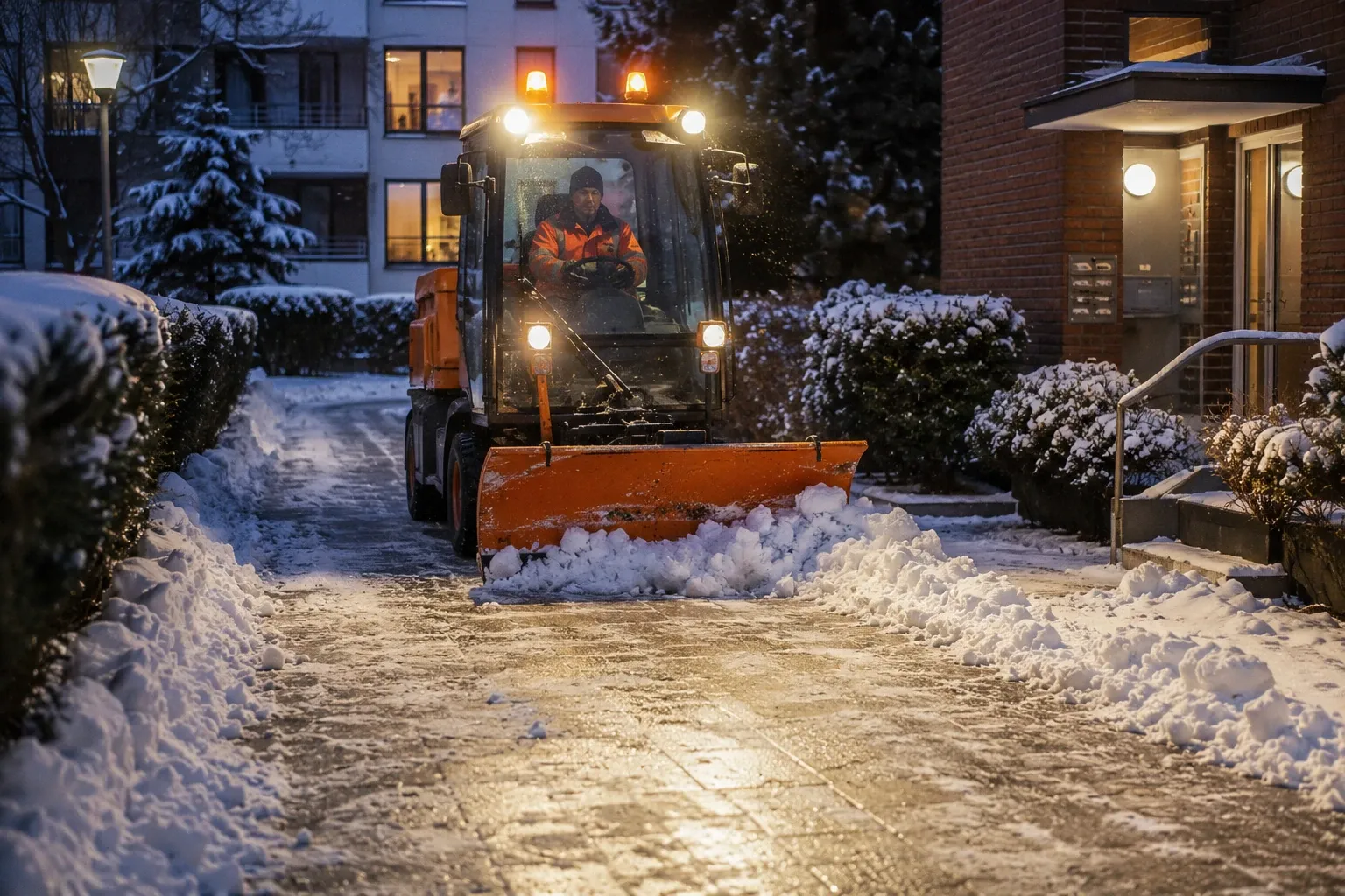 Räumfahrzeug beim Schneeräumen eines Gehwegs an einer Wohnanlage in der Dämmerung